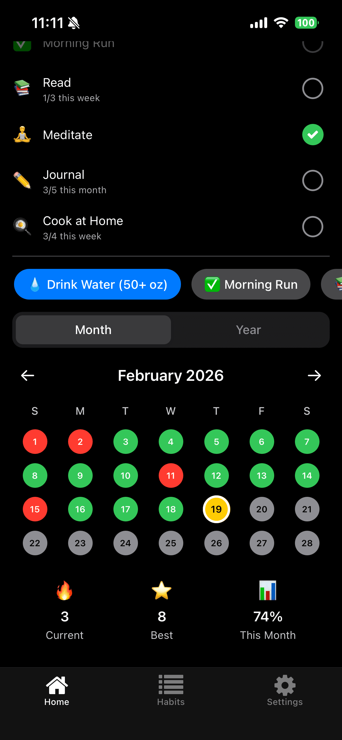 Monthly dot calendar showing habit completions