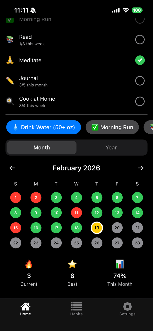 Monthly dot calendar showing habit completions
