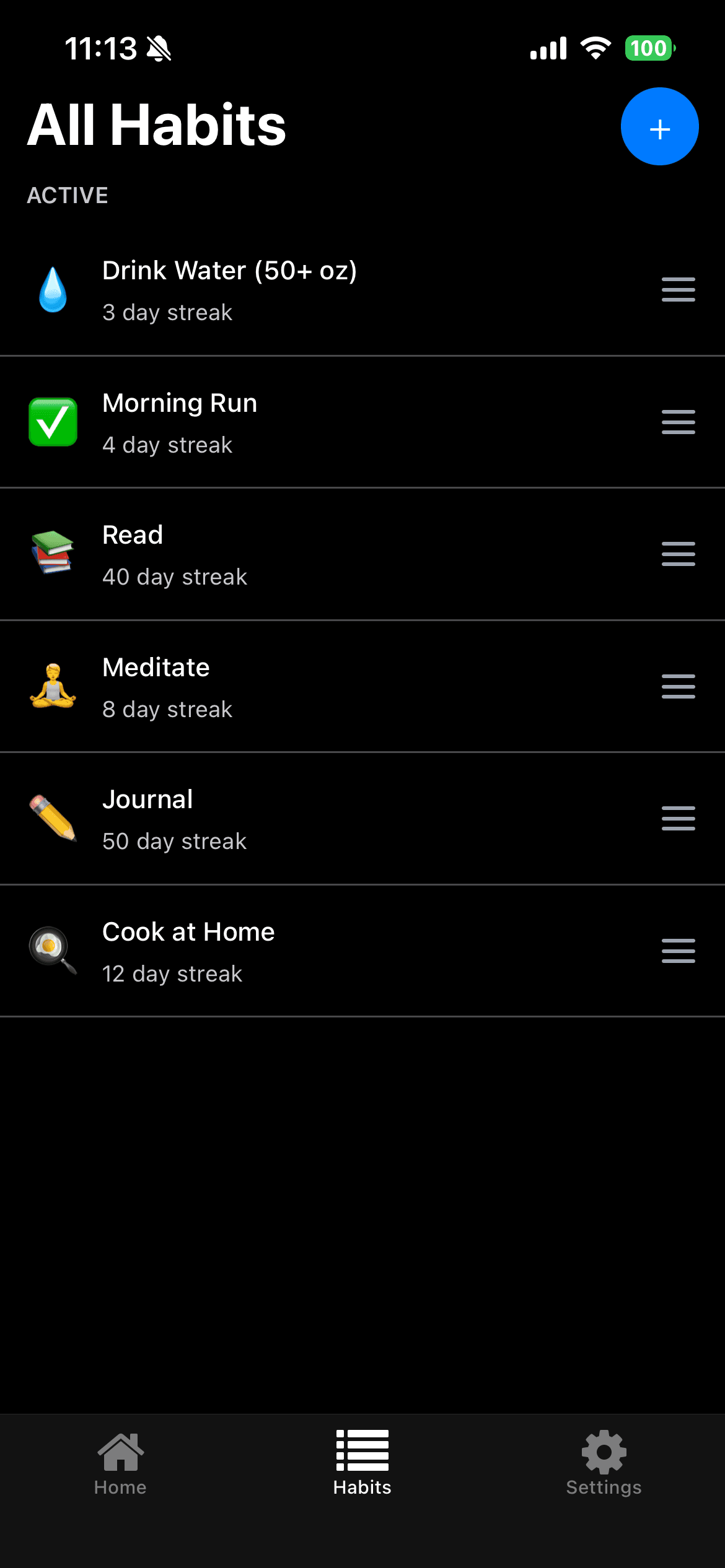 Habits list with emojis and streaks