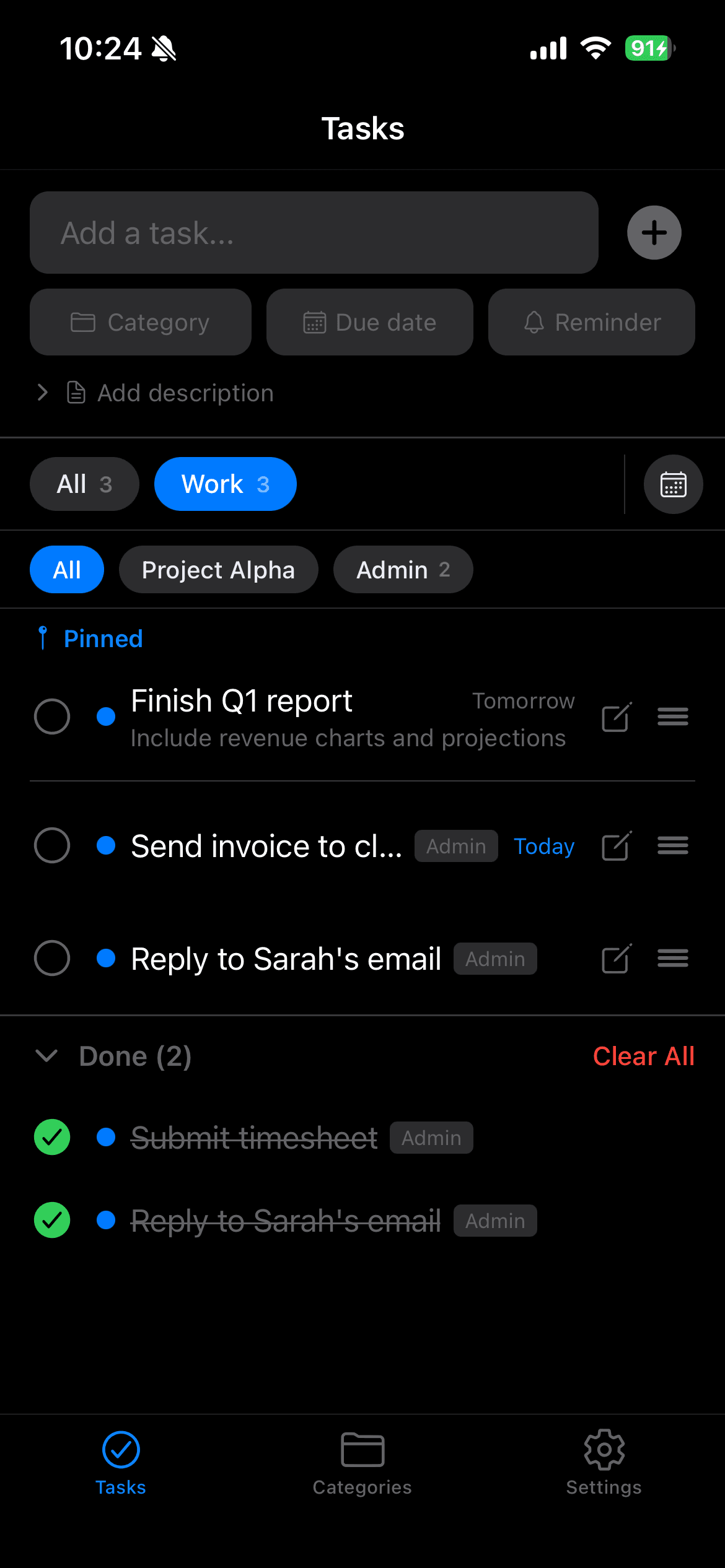 Filtered by Work category with subcategories and done section