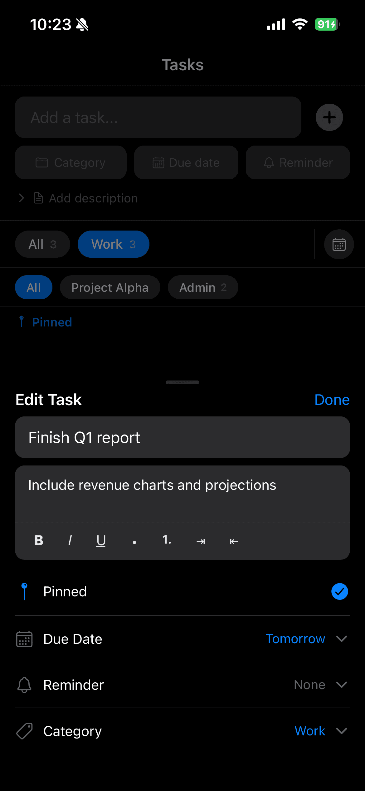 Task detail editor with description, due date, and category