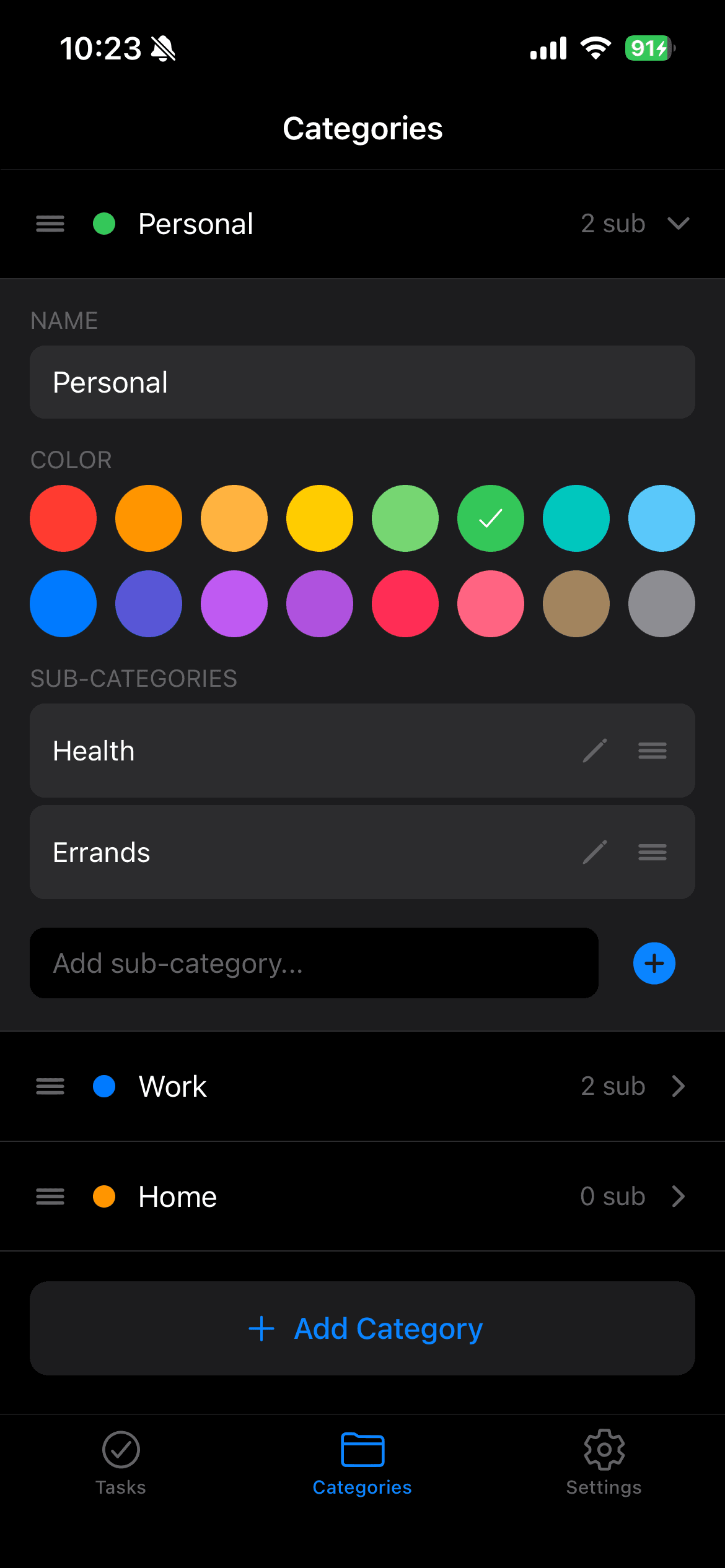Categories screen with color picker and subcategories