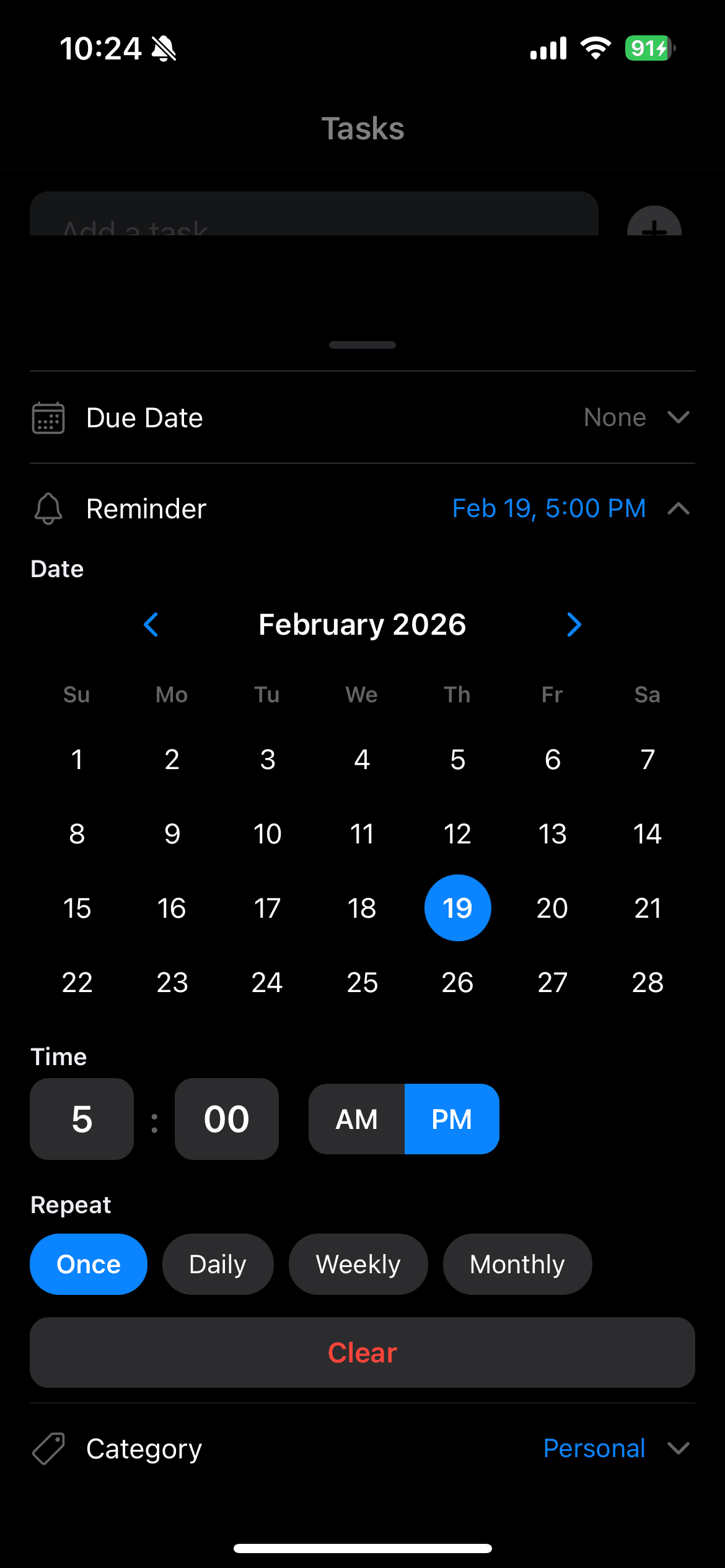 Reminder picker with date, time, and recurrence options
