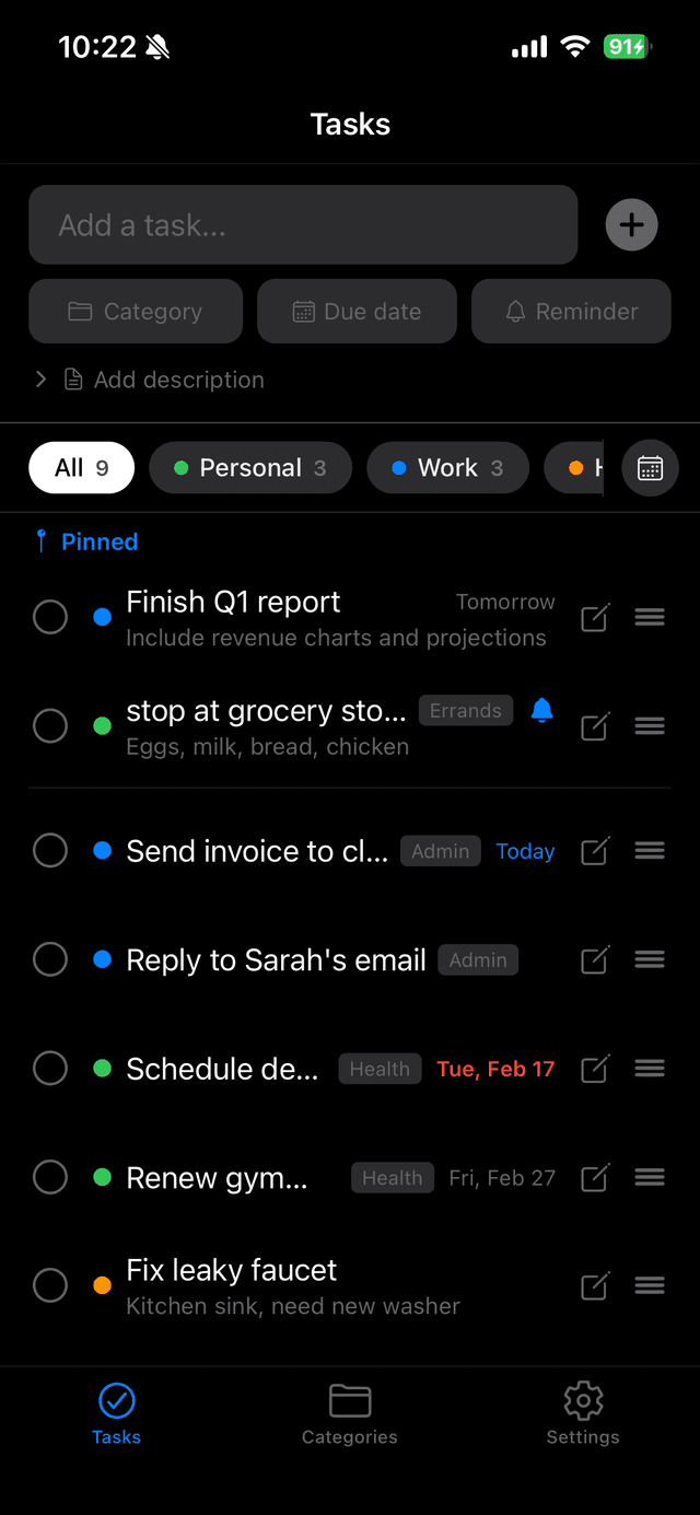 Task list with pinned tasks, categories, and due dates